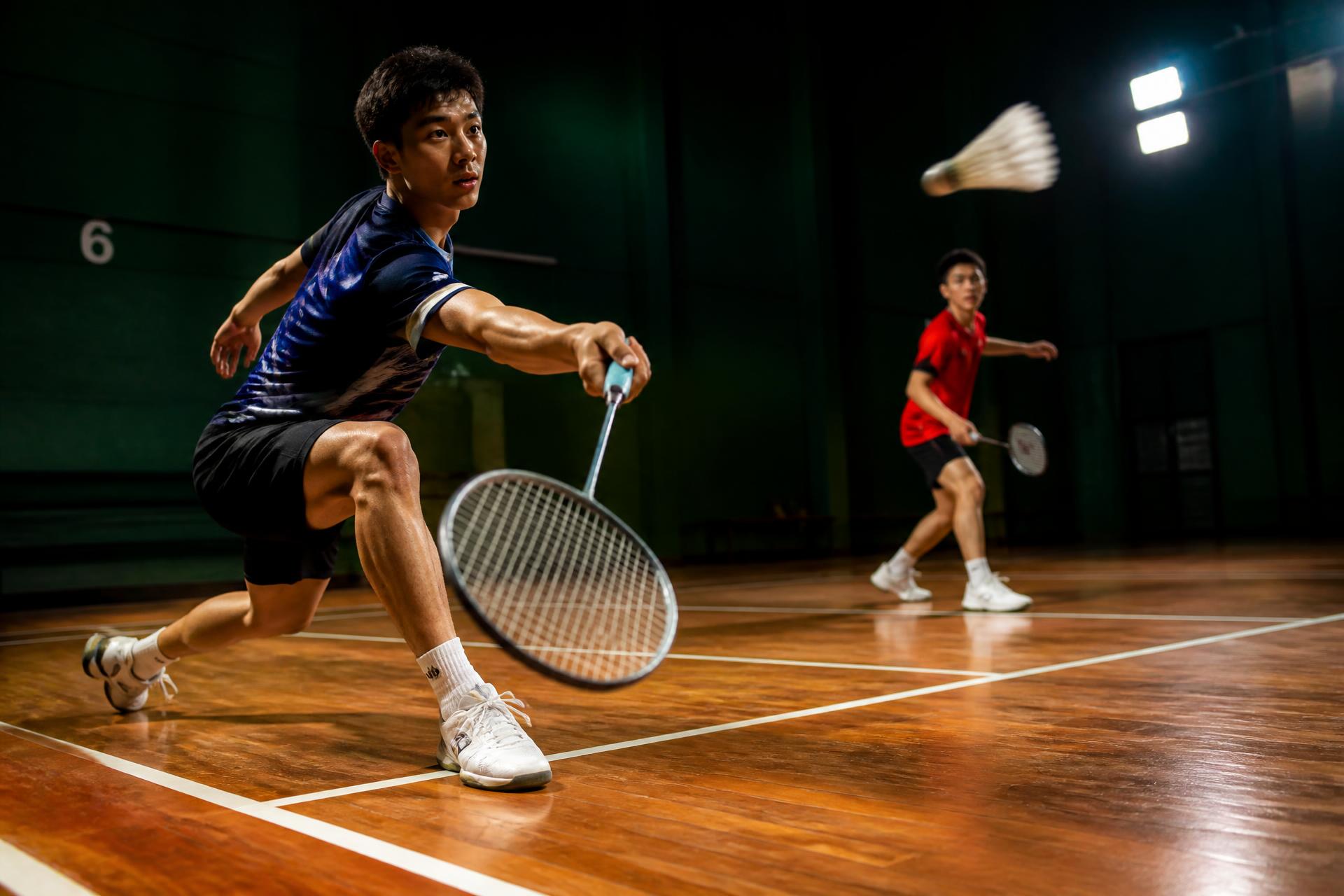 Badminton players mid-rally